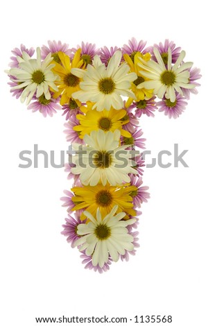 Flowers arranged into the shape of the letter T on a pure white background.