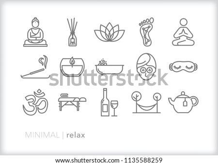 Set of 15 minimal relax icons for unwinding and kicking back including zen, ohm, buddha, lotus flower, massage, candle, incense, bubble bath and other pampering items Royalty-Free Stock Photo #1135588259