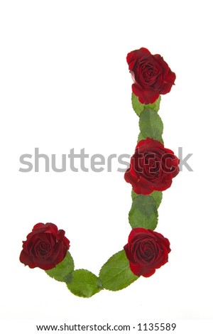 Flowers arranged into the shape of the letter J on a pure white background.