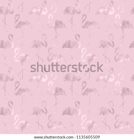 Abstract pink gold glitter flamingo seamless pattern. Luxury golden glittering hand drawn ornament on pink background. Tropical trendy texture. Print for textile, wallpaper, wrapping.