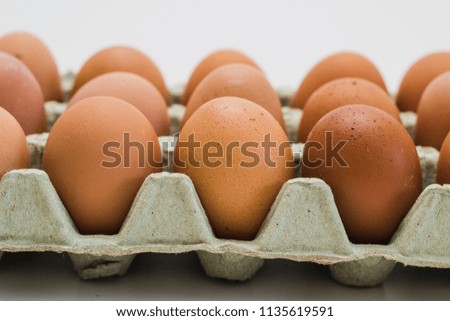 Close up of chicken eggs in package.