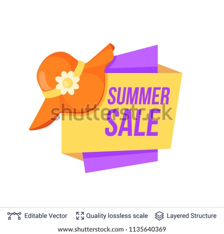 Summer badge isolated on white. Lady hat and ad text. 