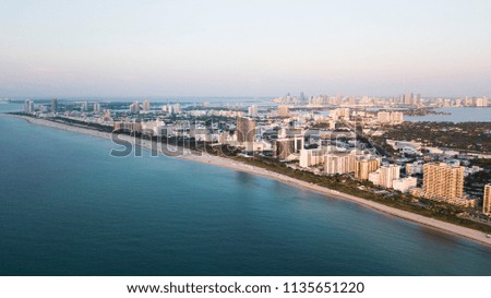 Aerial drone view of Miami Beach, south beach in Florida during sunsise.