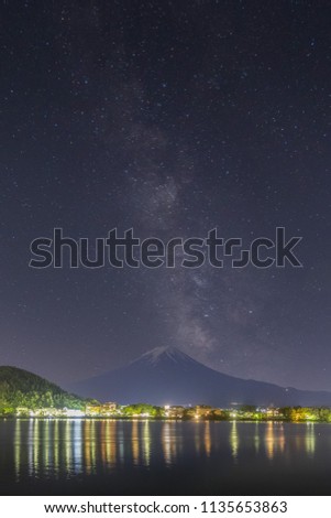 Mountain Fuji and Milkyway at Lake Kawaguchiko in spring season