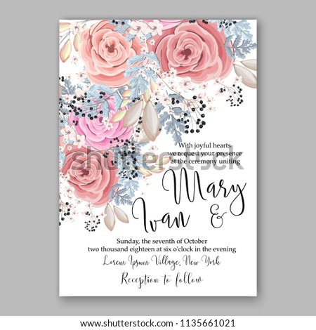Floral wedding invitation vector printable card template Bridal shower bouquet flower marriage ceremony wording text christmas winter pink rose