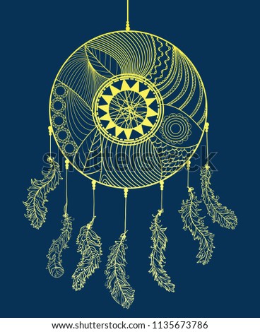 Hand drawn dreamcatcher on dark background. Design Zentangle. Abstract mystic symbol. Zen art. Design for spiritual relaxation for adults. Line art creation. Doodle for work