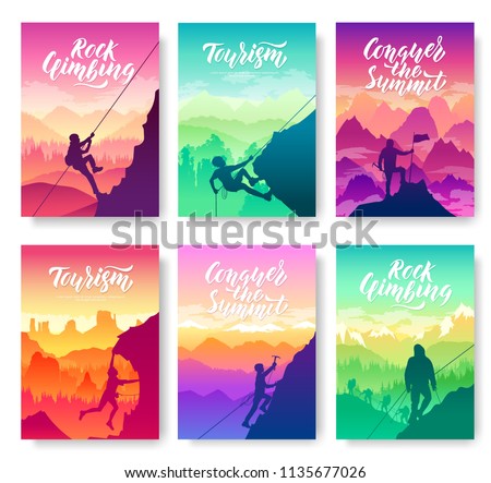 climber climbs the mountain brochure cards set. Extreme lifestyle of rock climbers template of flyear, magazines, poster, books, invitation banners. Tourist hiking layout modern 
