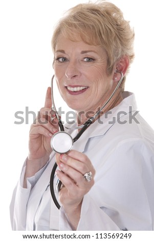 female doctor holding stethoscope on white background