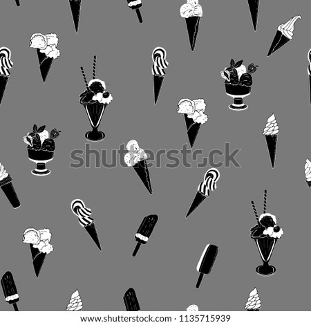 Ice cream seamless pattern. Vector illustration, hand drawn elements. Excellent print for greeting cards, clothes, bed linens, fabric, textiles, wallpaper, wrapping paper, gift box