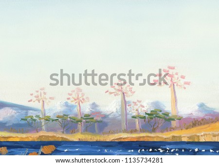Lake with tropical trees on the shore and birds on the surface of the water. In the background are the mountains. Oil painting.