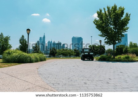 Philadelphia Skyline with Park Ranger 4x4 Maintenance Vehicle in Foreground