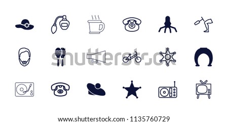 Retro icon. collection of 18 retro filled and outline icons such as woman hat, horseshoe, sheriff, child bicycle, perfume. editable retro icons for web and mobile.