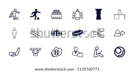 Team icon. collection of 18 team filled and outline icons such as hockey puck, football player, trophy, group, user, volleyball. editable team icons for web and mobile.