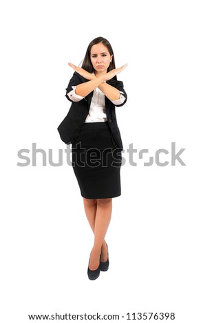 Isolated young business woman stop sign