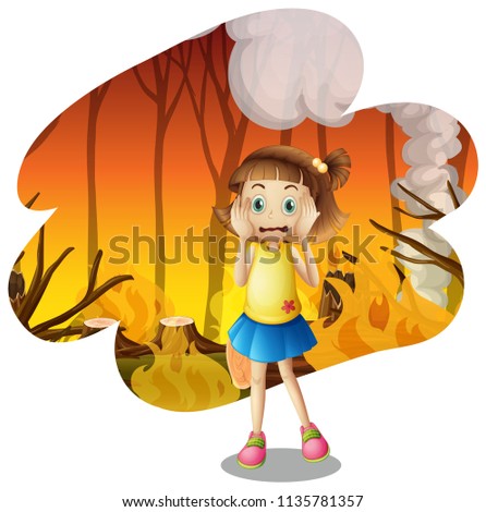 A young girl scare of wildfire illustration