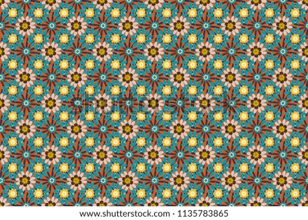 Beautiful bright abstract decorative blue, brown and yellow flowers. Floral seamless texture. Raster illustration. Elements to create design patterns, ornament, backgrounds, wallpaper, textiles.