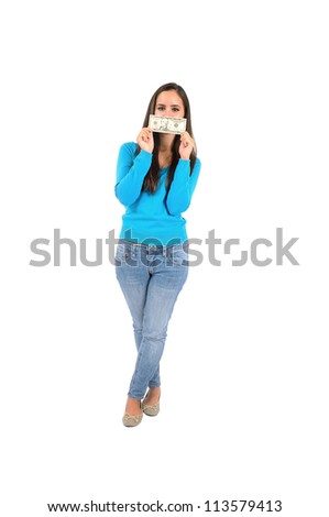 Isolated young casual girl cover mouth with dollar