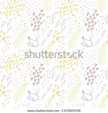 Hand drawn floral seamless pattern with birds