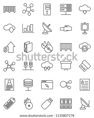 thin line vector icon set - presentation vector, personal information, graph, dollar growth, binder, board, barcode, music hit, social media, network, server, cloud shield, exchange, browser, usb