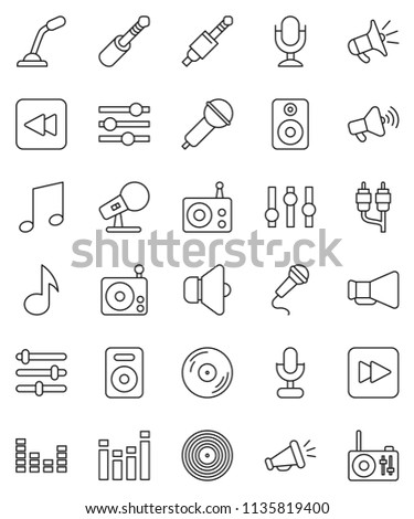 thin line vector icon set - music vector, disk, microphone, radio, speaker, loudspeaker, settings, equalizer, forward button, backward, rca, jack