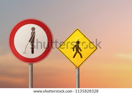 Vandalism, exhibitionist, incontinence - pissing man and child. Road signs.