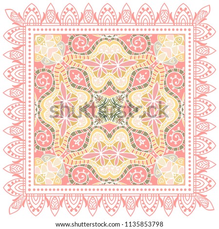 Decorative colorful ornament on white background, symmetric pattern with doodle lace frame. Tribal ethnic mandala decor. Bandana shawl, tablecloth fabric print, silk neck scarf, kerchief design