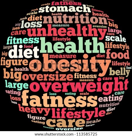 obesity info-text graphics and arrangement concept on black background (word cloud)