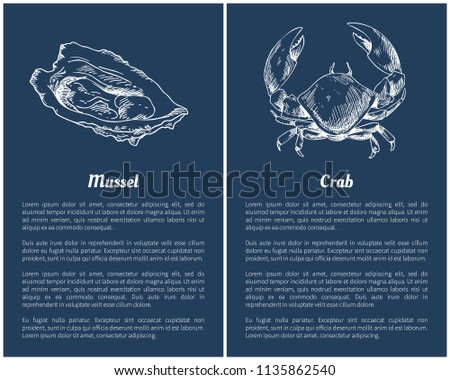 Seafood set with mussel and crab engraved sketch. Isolated on blue, hand drawn vector illustration in vintage style template restaurant menu icons