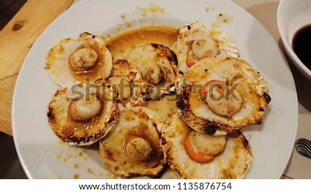 Scallops Soy Balsamic Glazed Flat Lay photo on a plate