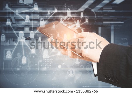 information and communications technology concept with businessman touching digital tablet screen and abstract digital technology interface with icons 