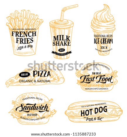 Fastfood sketches, promo icons. Hot french fries and milk shake, tender ice cream and big pizza slice, tasty burgers and hot dog with mustard. Street food symbols, takeaway food and drinks vector.