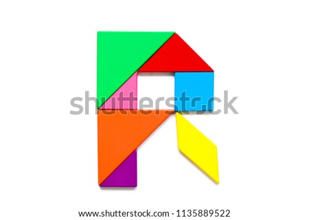 Color tangram puzzle in english alphabet r shape on white background
