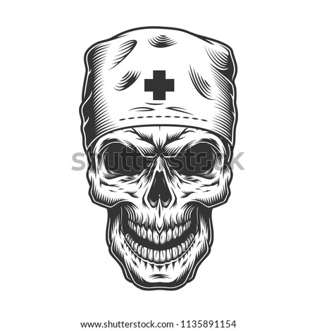 Skull in nurse hat. Vintage vector illustration