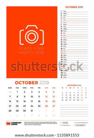 Wall calendar planner template for October 2019. Week starts on Monday. Vector illustration