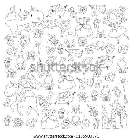 Coloring page for book. Cute little princess with unicorn and dragon. Castle for little girl, dress, magic wand. Fairy tale icons with crown and frog. Fantasy illustration