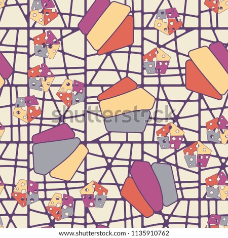 Seamless editable pattern consisting of broken pentagons.
Against the background there is a texture in the form of a grid consisting of divided squares.