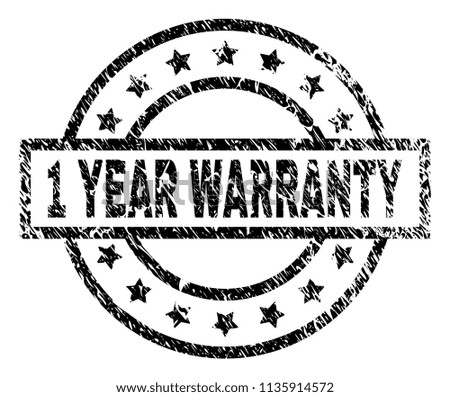 1 YEAR WARRANTY stamp seal watermark with distress style. Designed with rectangle, circles and stars. Black vector rubber print of 1 YEAR WARRANTY label with dirty texture.