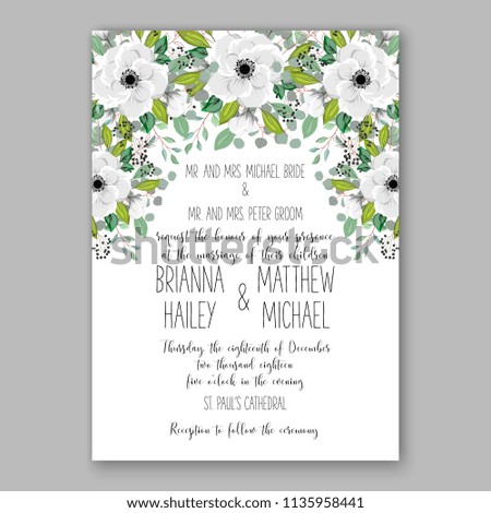 Floral wedding invitation vector printable card template Bridal shower bouquet flower marriage ceremony wording text white anemone greenery eucalyptus