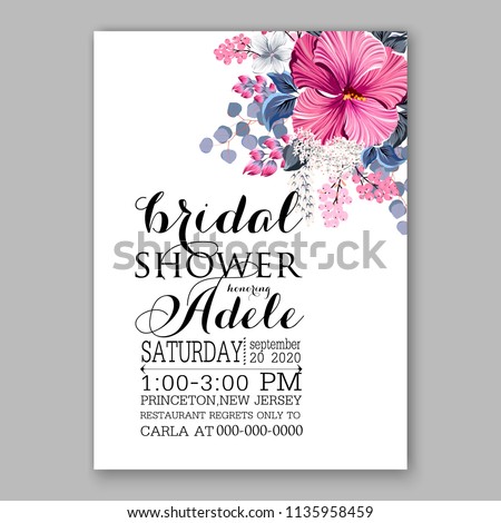 Floral wedding invitation vector printable card template Bridal shower bouquet flower marriage ceremony wording text tropical red magenta hibiscus aloha luau