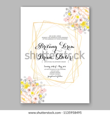Floral wedding invitation vector printable card template Bridal shower bouquet flower marriage ceremony wording text pink powder peony