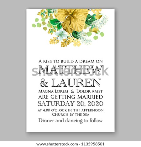 Floral wedding invitation vector printable card template Bridal shower bouquet flower marriage ceremony wording text yellow tropical hibiscus