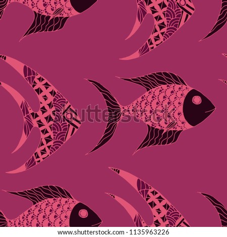 Exotic Fish. Seamless Pattern with Colorful Fish Hand Drawn in Comic Style. Sea Pattern for Paper, Chintz, Swimwear. Bright Simple Texture in Trendy Colors. Vector Illustration.