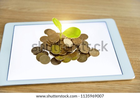 New plant growing on stack of coins
