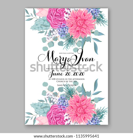 Floral pink chrysanthemum wedding invitation vector printable card template Bridal shower bouquet flower marriage ceremony wording text