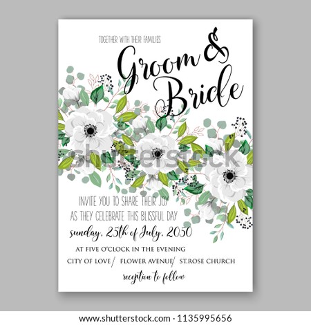 Floral white anemone peony greenery wedding invitation vector printable card template Bridal shower bouquet flower marriage ceremony wording text