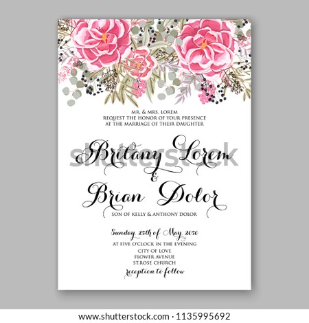 Floral pink watercolor ranunculus rose peony wedding invitation vector printable card template Bridal shower bouquet flower marriage ceremony wording text