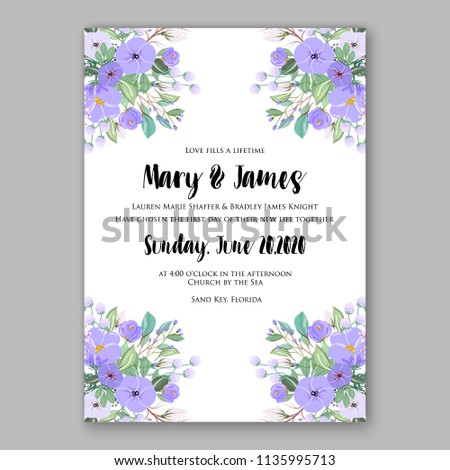Floral violet peony lavander wedding invitation vector printable card template Bridal shower bouquet flower marriage ceremony wording text