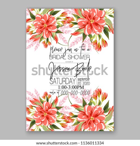 Floral red dahlia peony wedding invitation vector printable card template Bridal shower bouquet flower marriage ceremony wording text
