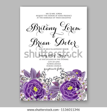 Floral purple violet ranunculus wedding invitation vector printable card template Bridal shower bouquet flower marriage ceremony wording text