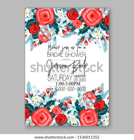 Floral red scarlet rose peony anemone wedding invitation vector printable card template Bridal shower bouquet flower marriage ceremony wording text